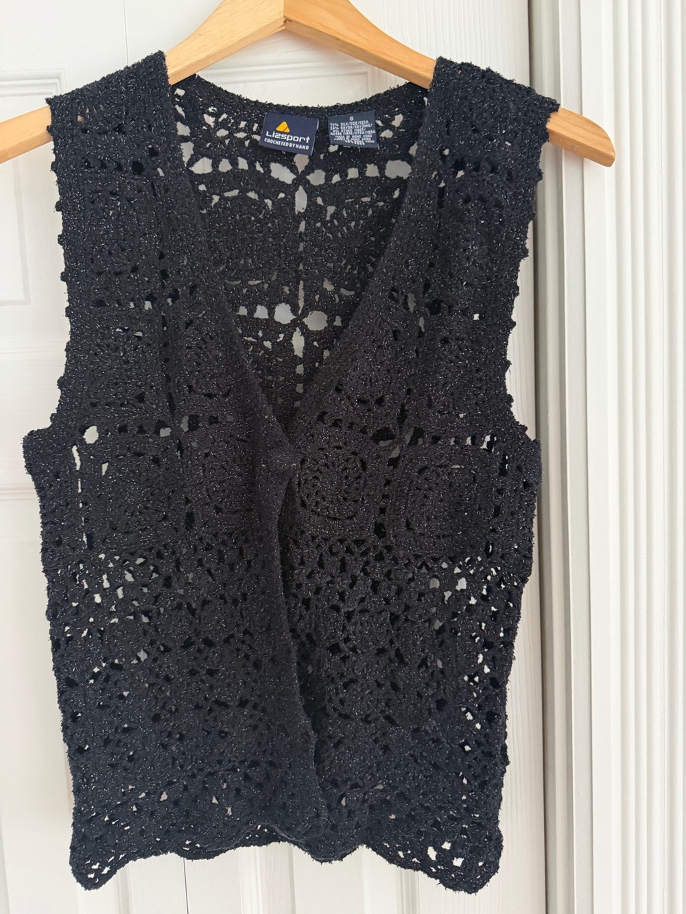 Hand-Crocheted Black Open-Knit Vest – Size S